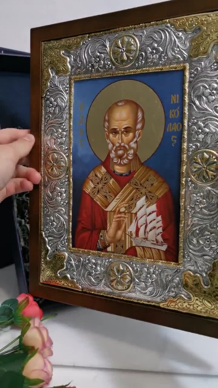 Byzantine SAINT NICHOLAS Icon, Sterling Silver & Gold Frame